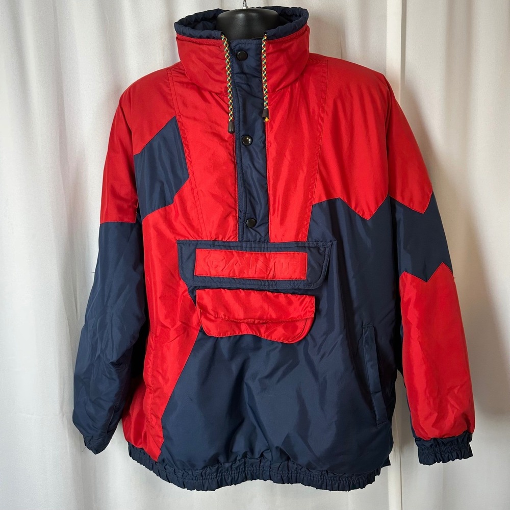 Gant Vintage Mens Sz L Red Navy Colorblock Anorak Pullover Jacket 90s Retro READ